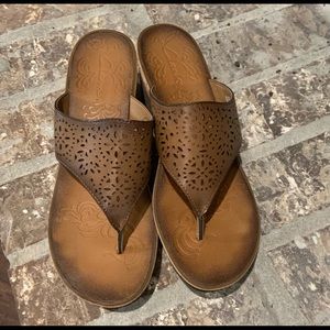 Clarks brown leather sandals with wedge heel.